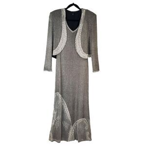 Damianou Maxi Dress and Shrug Sheer Gold Overlay Sz S Prom Formal Gown Wedding